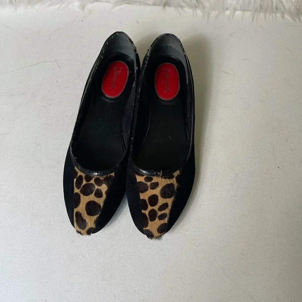 J Renée Kory black leather suede leopard print calf hair flats size 9.5
